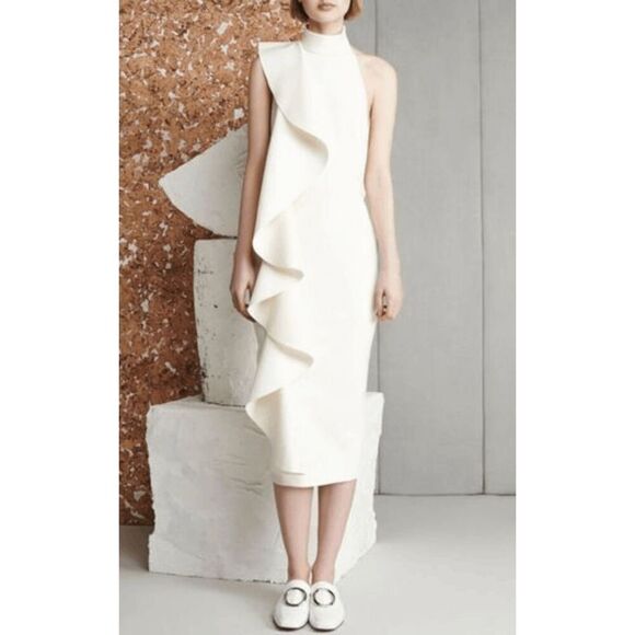 Solace London Amelle High Neck Asymmetric Ruffled Drape Across Sleeveless White - Picture 1 of 9